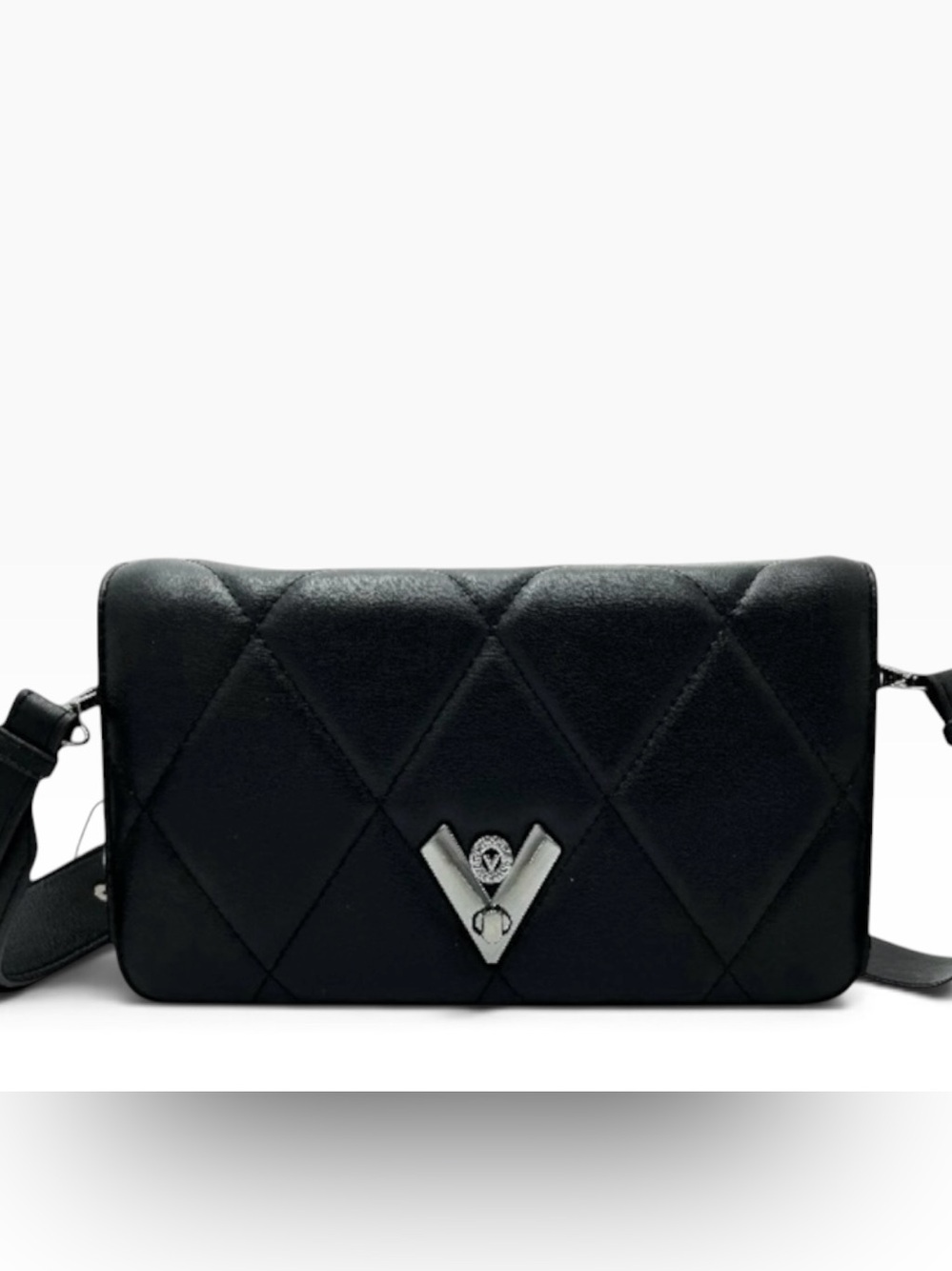 Valentino Orlandi Black Quilted Crossbody Bag with Gunmetal V accent